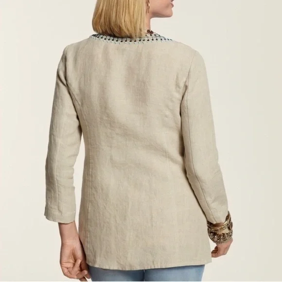 Chico's NWOT Duster Embellished Coin 3/4 Sleeve Tan Blazer Top Size 0 Small - Picture 2 of 10